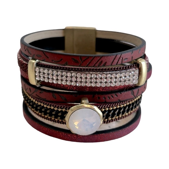 Red Multi Layered Wrap‎ Crystal Cuff Bracelet - Picture 2 of 13